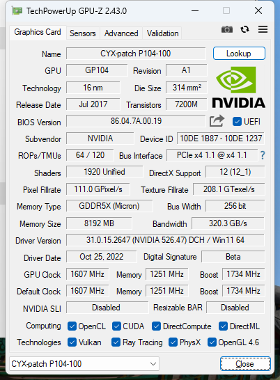 P104-100驱动成功后GPUZ